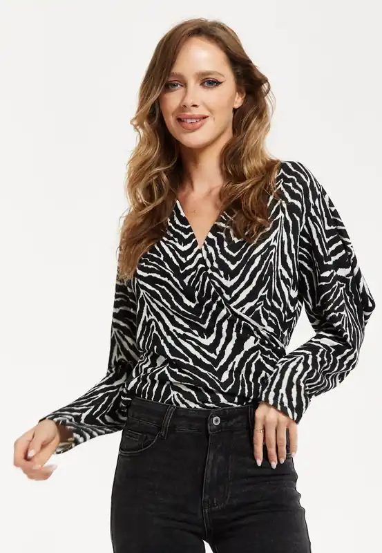 Brushed Knit Mono Zebra Print Top - Liquorish