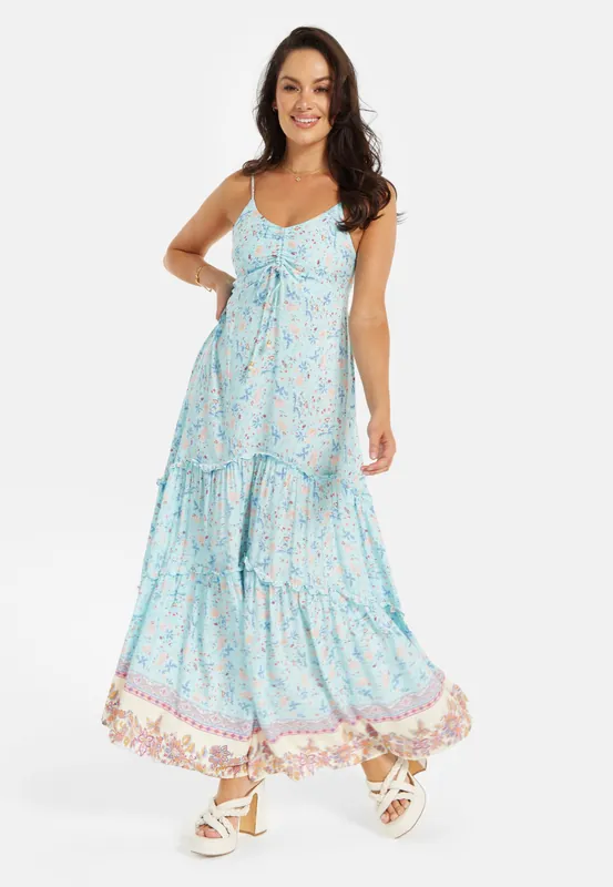 Light Blue Floral Cami Maxi Dress with Contrast Hem - Liquorish
