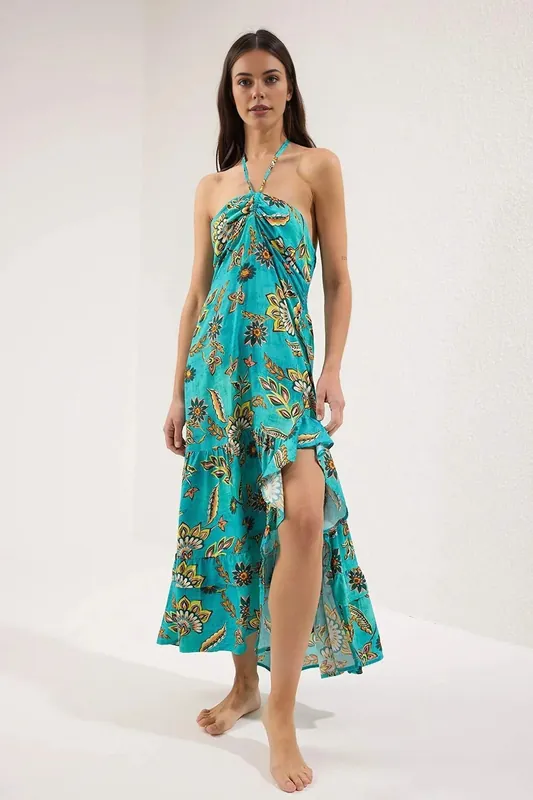 Halterneck Ruffle Detail Maxi Beach Dress with Side Split - WOVCOR