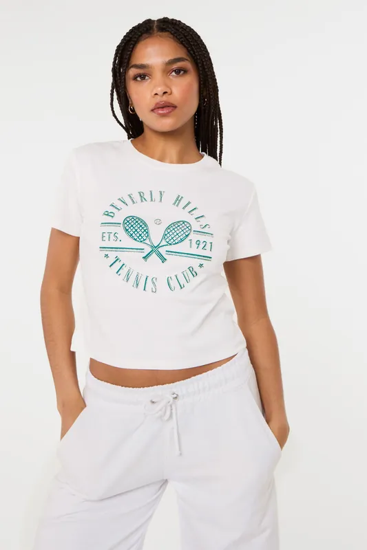 White Beverly Hills Tennis Embellished T-Shirt