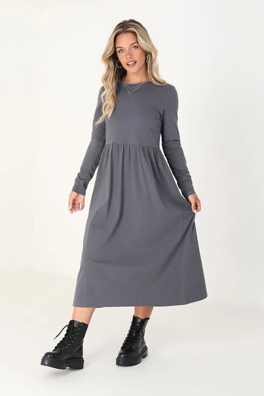 Cotton Long Sleeve Midi Smock Dress - Brave Soul