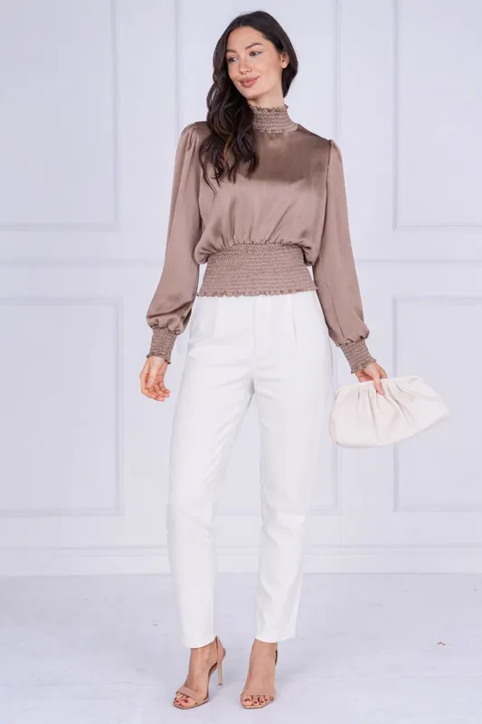 Mocha Creased Satin Shirred Waist Top - Love Sunshine