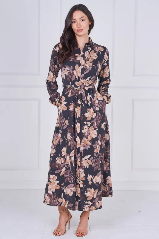 Charcoal and Mocha Floral Belted Midaxi Shirt Dress - Love Sunshine