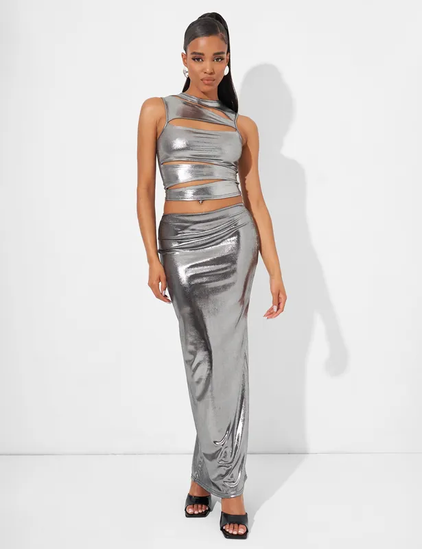 Maxi Skirt Co Ord in Metallic Silver - Public Desire