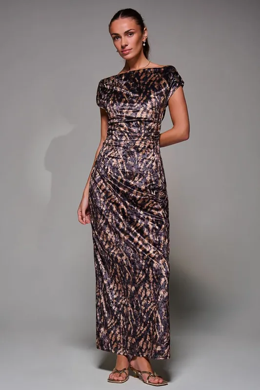 Printed Velvet Draped Maxi Dress - Jolie Moi