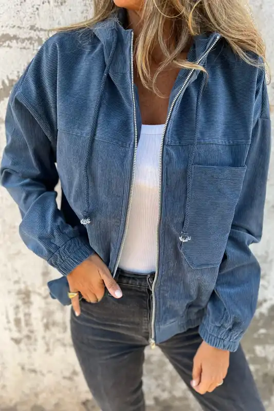 Real Teal Corduroy Drawstring Hooded Pocket Zip Up Jacket - Everyday The Label