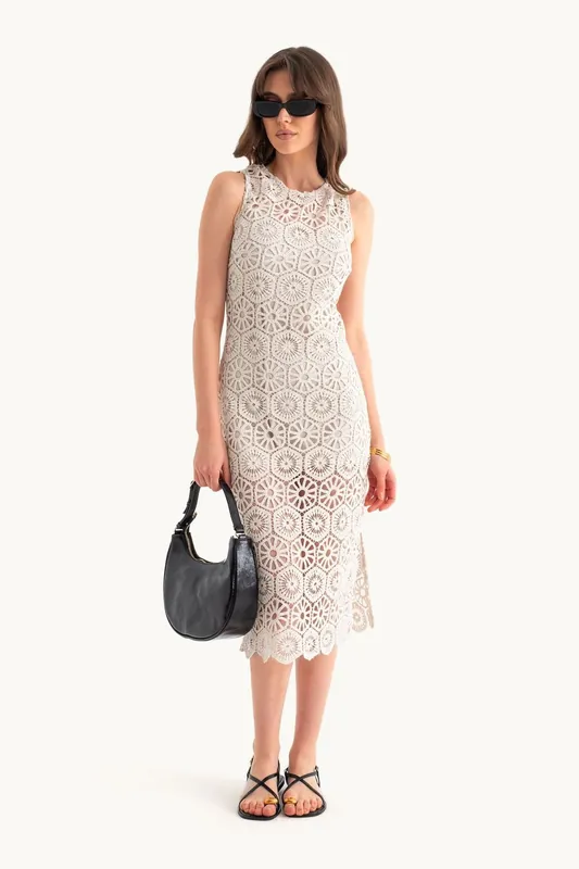 Lace Crochet Round Neck Midi Dress - Hiccup