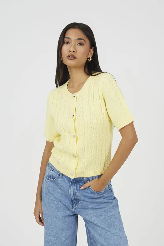 Short Sleeve Cable Knit Cardigan With Shell Buttons - Brave Soul