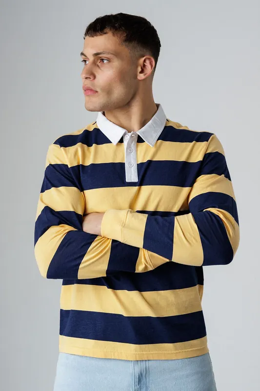 Cotton Rugby-Style Striped Long Sleeve Button Polo Shirt