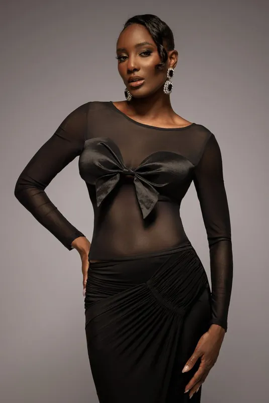Long Sleeve Mesh Sleeveless Taffeta Bow Top - Goddiva