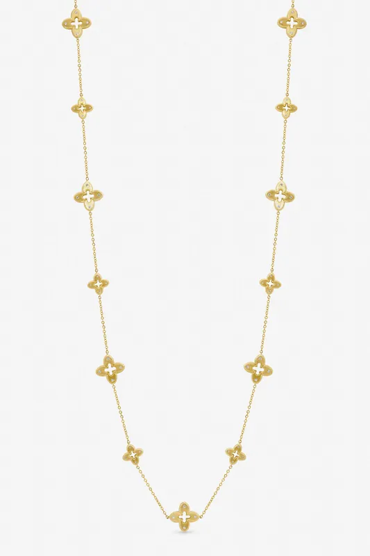 Gold Plated Textured Crystal Clover Long Necklace - Jon Richard