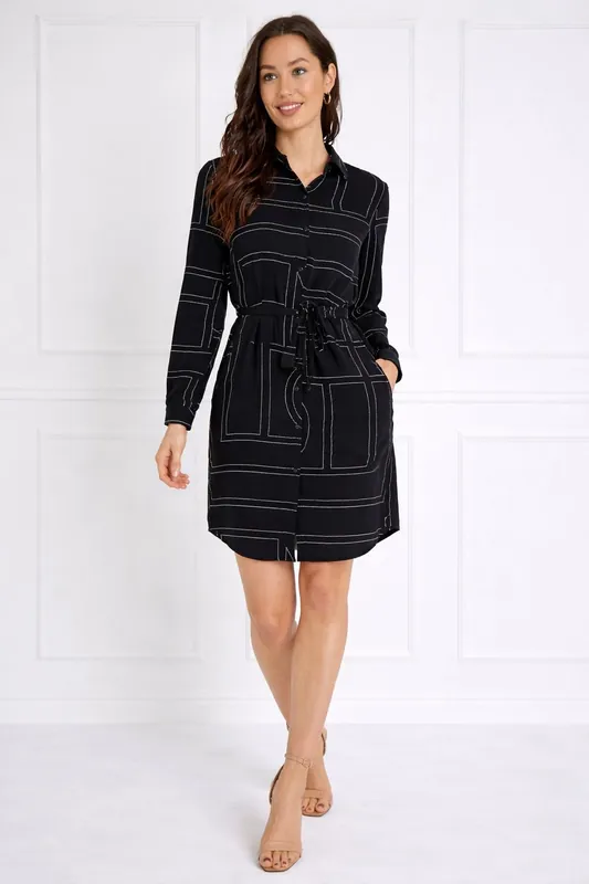 Black Geometric Print Belted Mini Shirt Dress - Love Sunshine