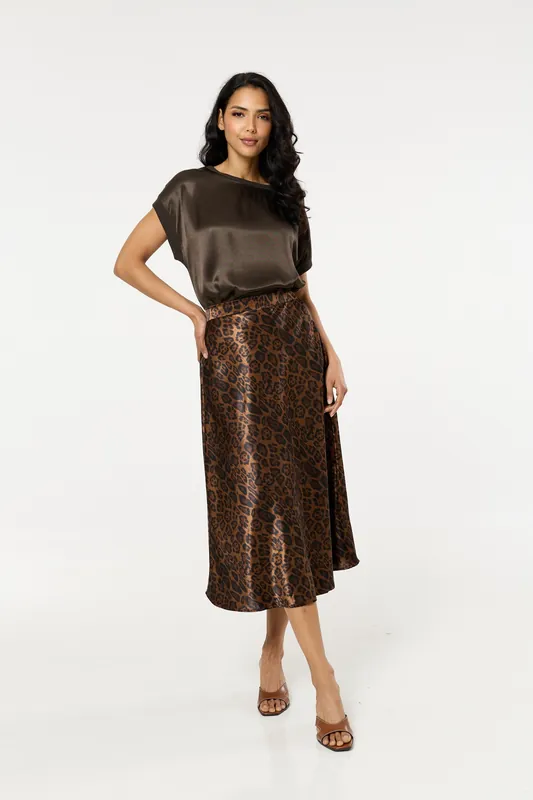 Leopard Print Satin Midi Skirt - Liquorish