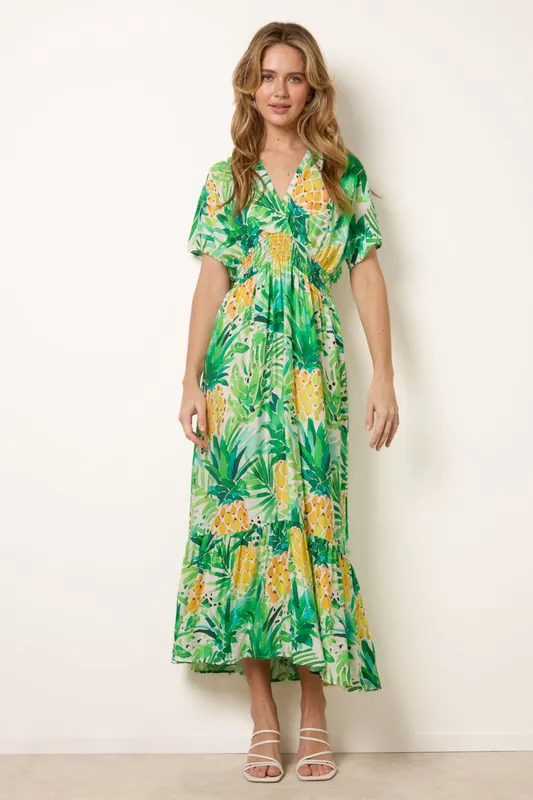 Green Pineapple Double V Midi Dress - Blue Vanilla