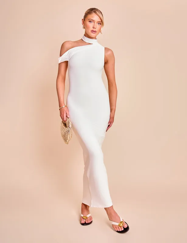 Asymmetric One Shoulder Choker Detail Luxe Slinky Midi Dress White - Public Desire