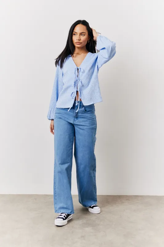 Gingham Tie Front Blouse - In The Style