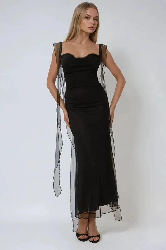 Heart Collar Bodycon Maxi Dress with Ruffles - Hiccup