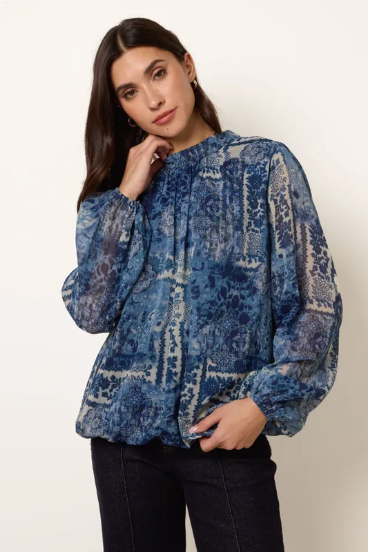 Navy High Neck Paisley Print Puffball Top - Blue Vanilla