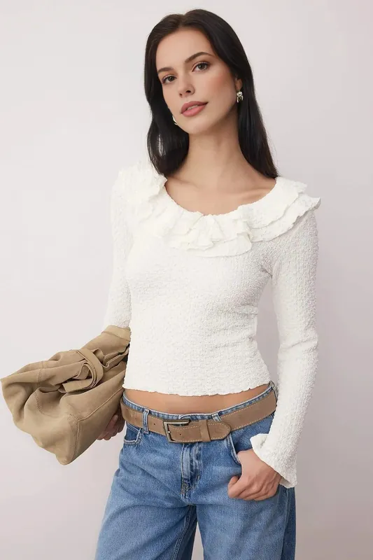 Textured Fitted Stretch Knit Blouse with Ruffle Neck Detail - WOVCOR