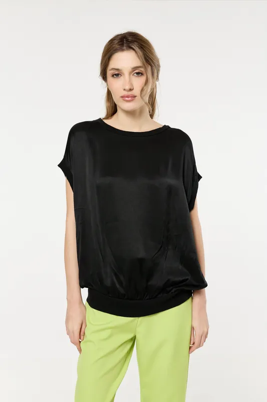 Black Satin Short Sleeve Blouson Top - Liquorish