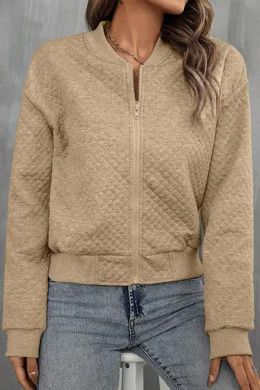 Pale Khaki Solid Geometric Textured Baseball Collar Jacket - Everyday The Label