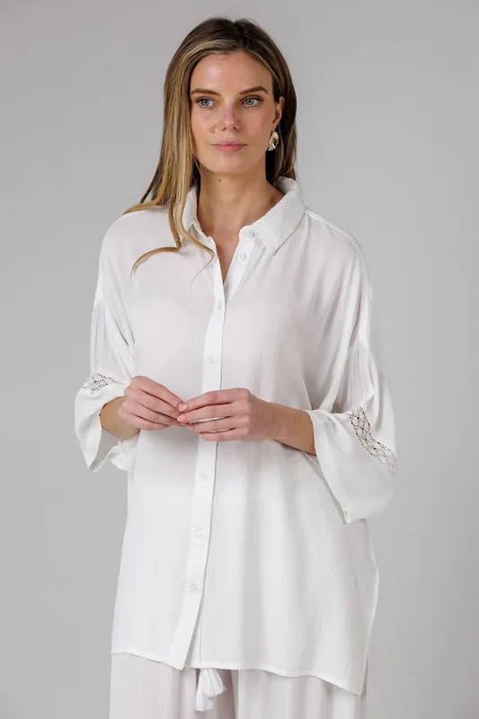 Crinkle Trim Oversized Short Sleeve Button Up Shirt - French Connection