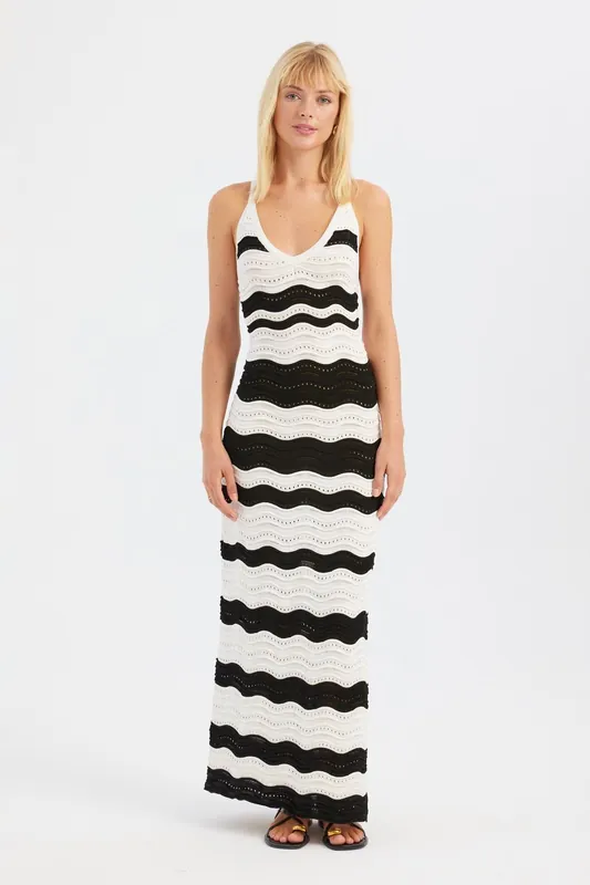 Striped V Neck Side Slit Maxi Dress - Hiccup