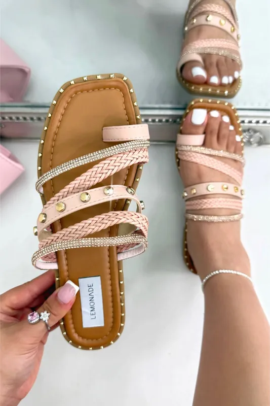 Sparkly Capri Weave Studded Toe Ring Sliders - Love Lemonade