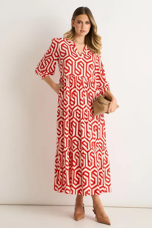 Red Geo Print Smock Maxi Dress - Gini London