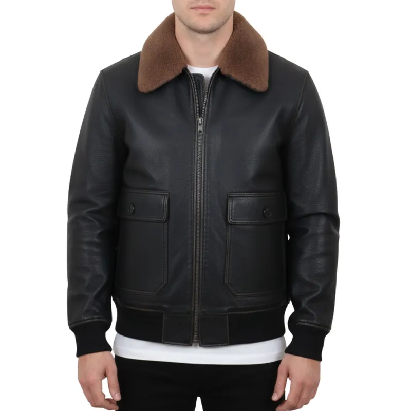 Leather Bomber Jacket Aviator Detachable Shearling Collar - TruClothing