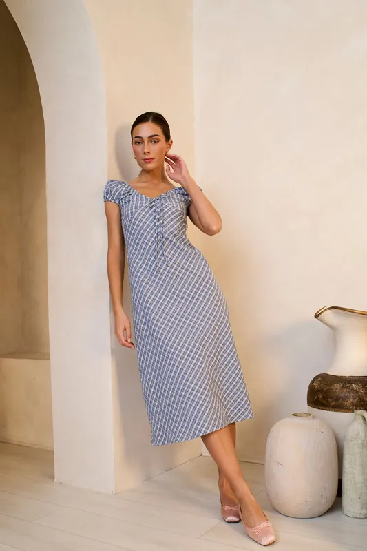 Blue V Neck Textured Gingham Midi Dress - Gini London