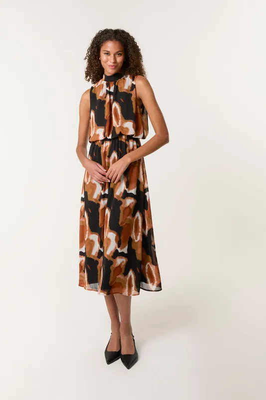 Burnt Orange Sleeveless Puffball High Neck Printed Dress - Blue Vanilla