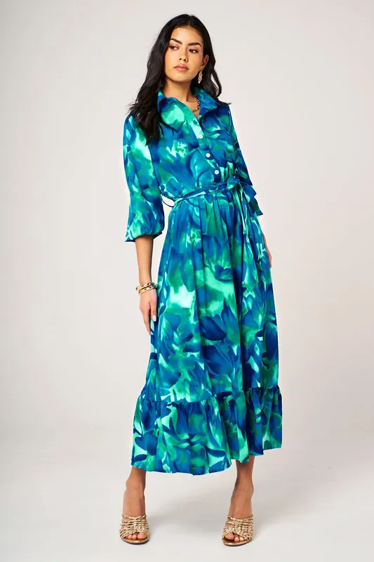 Abstract Floral Print Shirt Midi Dress with Ruffled Hem In Blue - FS Collection