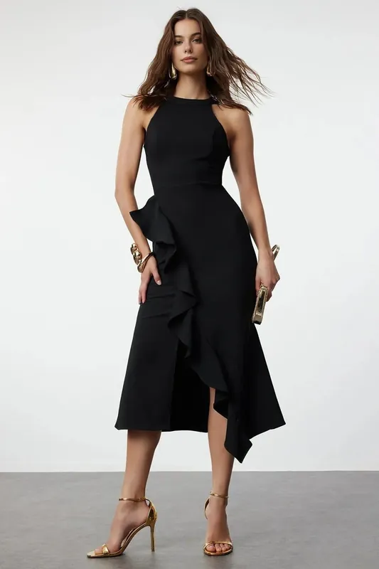 Halterneck Asymmetric Ruffle Midi Dress - WOVCOR