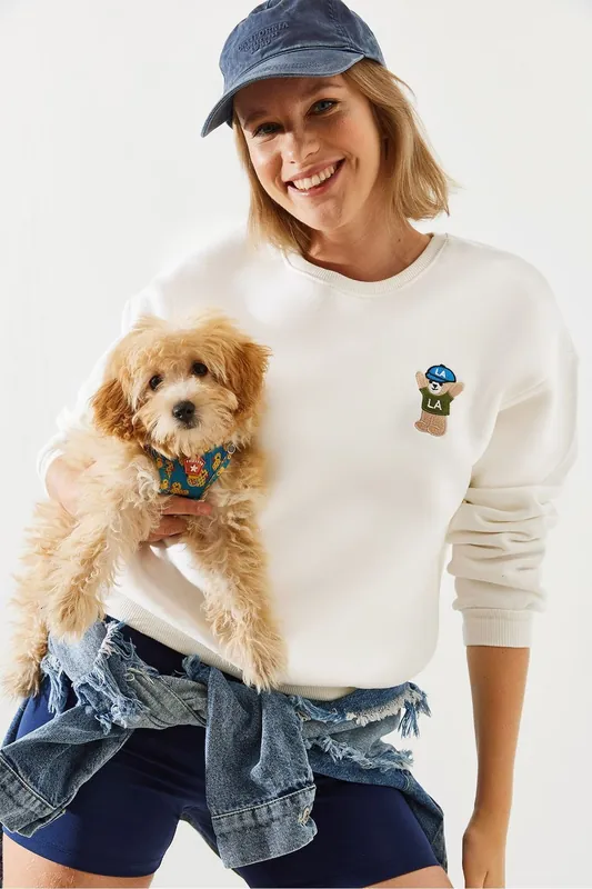 Embroidered Cotton Crew Neck Sweatshirt - Bianco Lucci