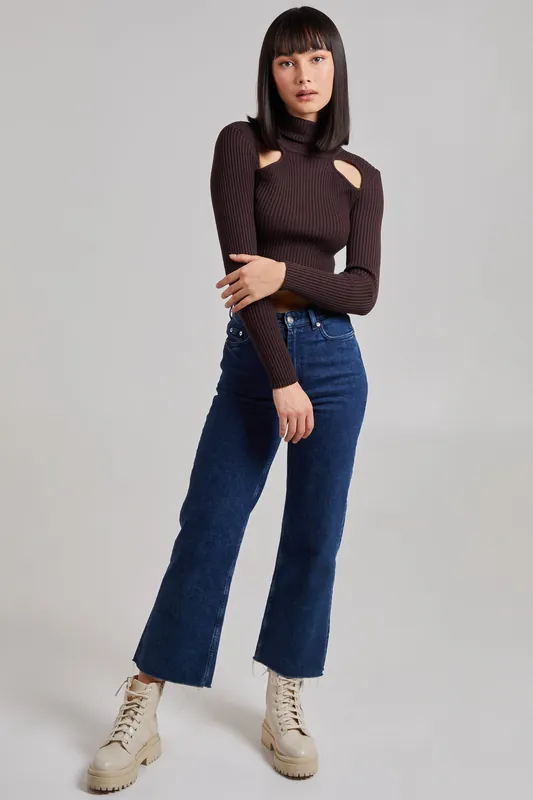 Brown Ribbed Roll Neck Jumper With Cut Out Detail - Pink Vanilla