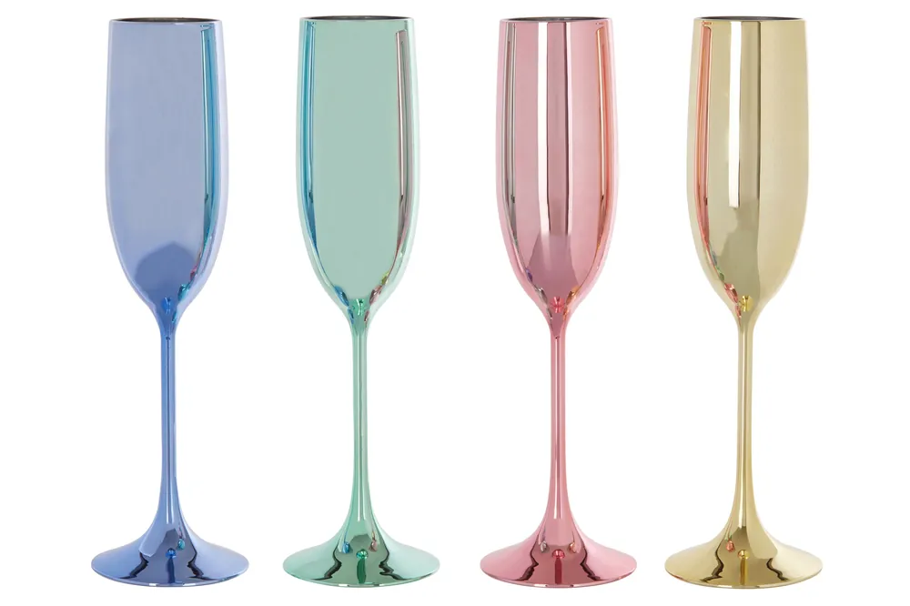 Reflective Set Of 4 Multicolour Champagne Glasses, Assorted Round Bowl Attached To Thin Stem Glasses - Orsina