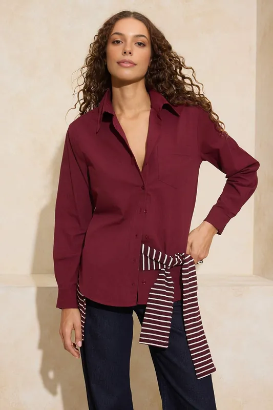 Oversized Button-Front Shirt with Tie Neck Detail