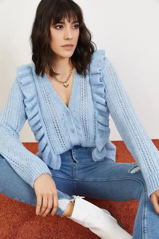 Buttoned Jacquard Patterned Long Sleeve Cardigan - Bianco Lucci