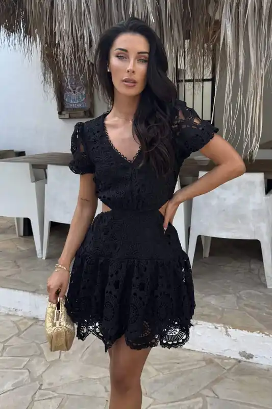 Black Crochet Overlay Cut Out Tiered Mini Dress - AX Paris