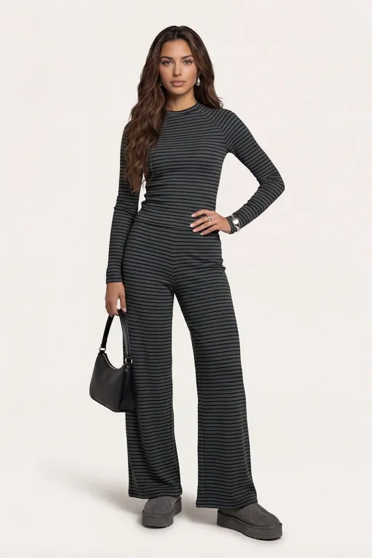 Jersey Striped Wide Leg Trouser Grey - Urban Bliss