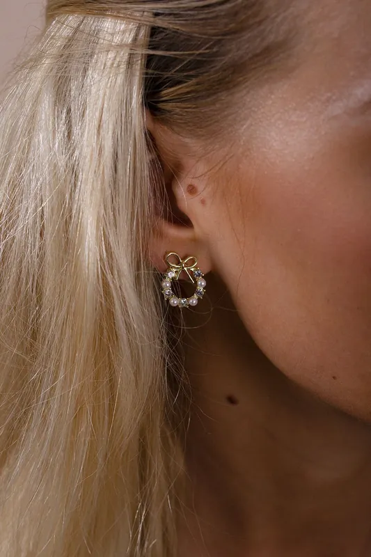 Pearl & Diamante Bow Wreath Stud Earrings - Gift Boxed