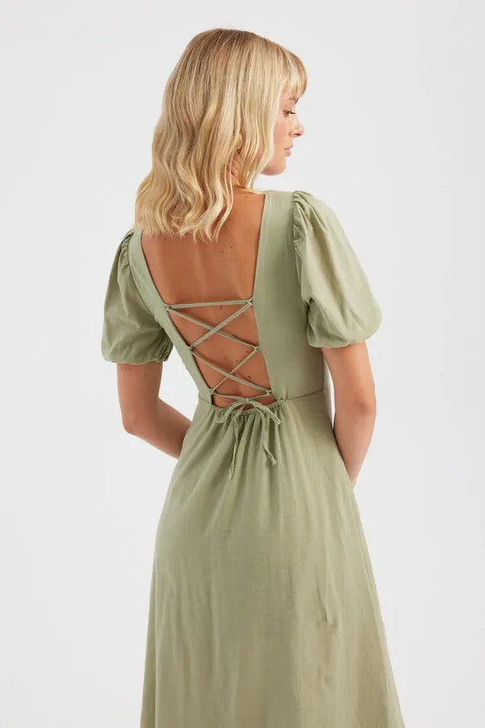 Cotton Square Neck Short Sleeve Midi Dress - Hiccup