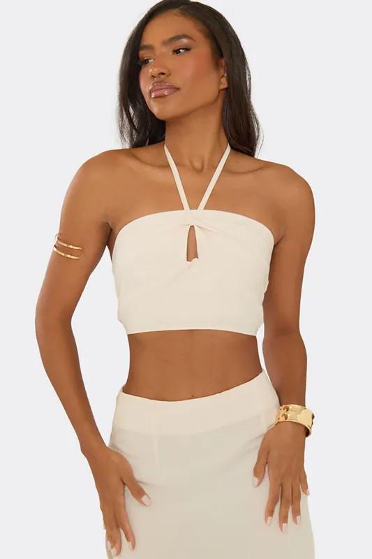Sleeveless Halter Neck Cut Out Linen Top - EGO