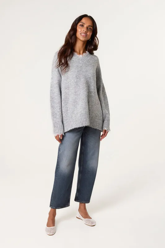 Grey Lace Trim V Neck Jumper - Blue Vanilla