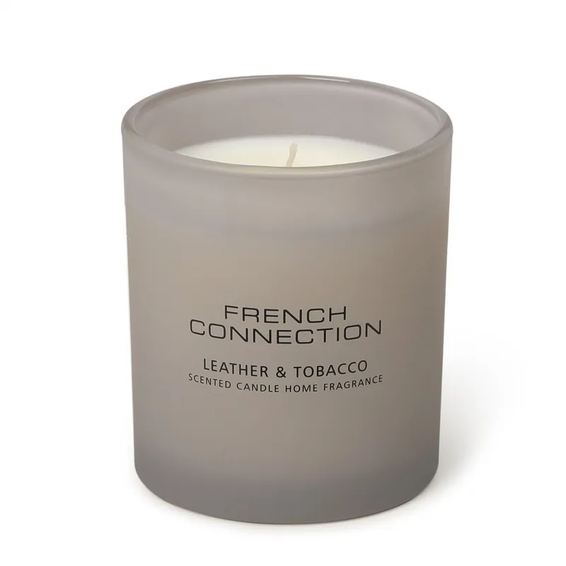 Leather & Tobacco Grey Glass Candle 190g – Luxury Single Wick - French Connection