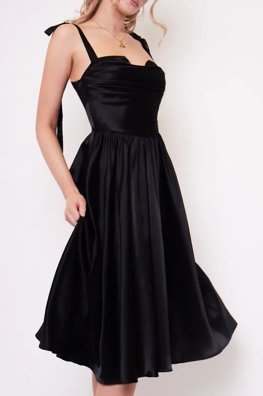 Amor Black Cowl Bow Strap Satin Midi Tea Dress - Jaded Rose