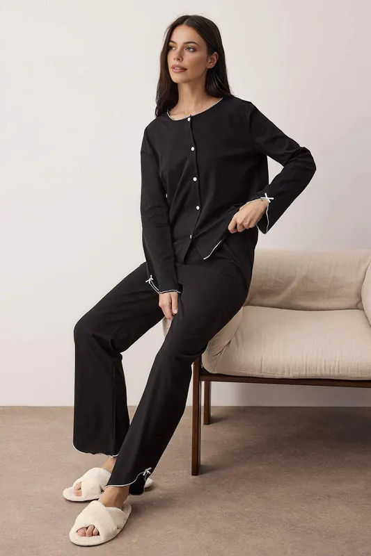 Contrast Trim Button Through Long Sleeve Cotton Knit Pyjama Set - WOVCOR