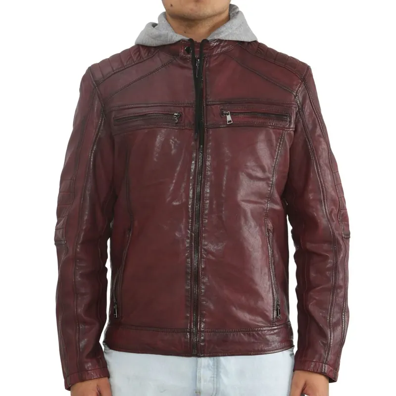 Hooded Biker Lamb Leather Jacket - TruClothing