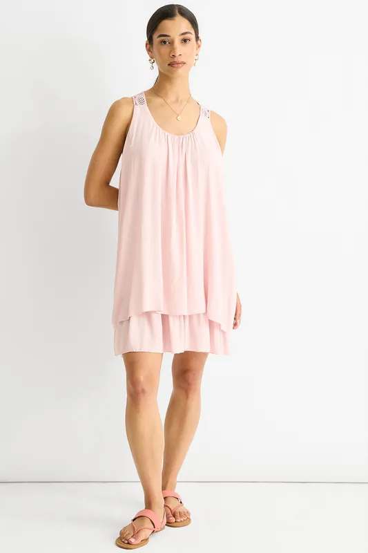 Pink Crochet Panel Double Layer Cotton Mini Dress - Gini London